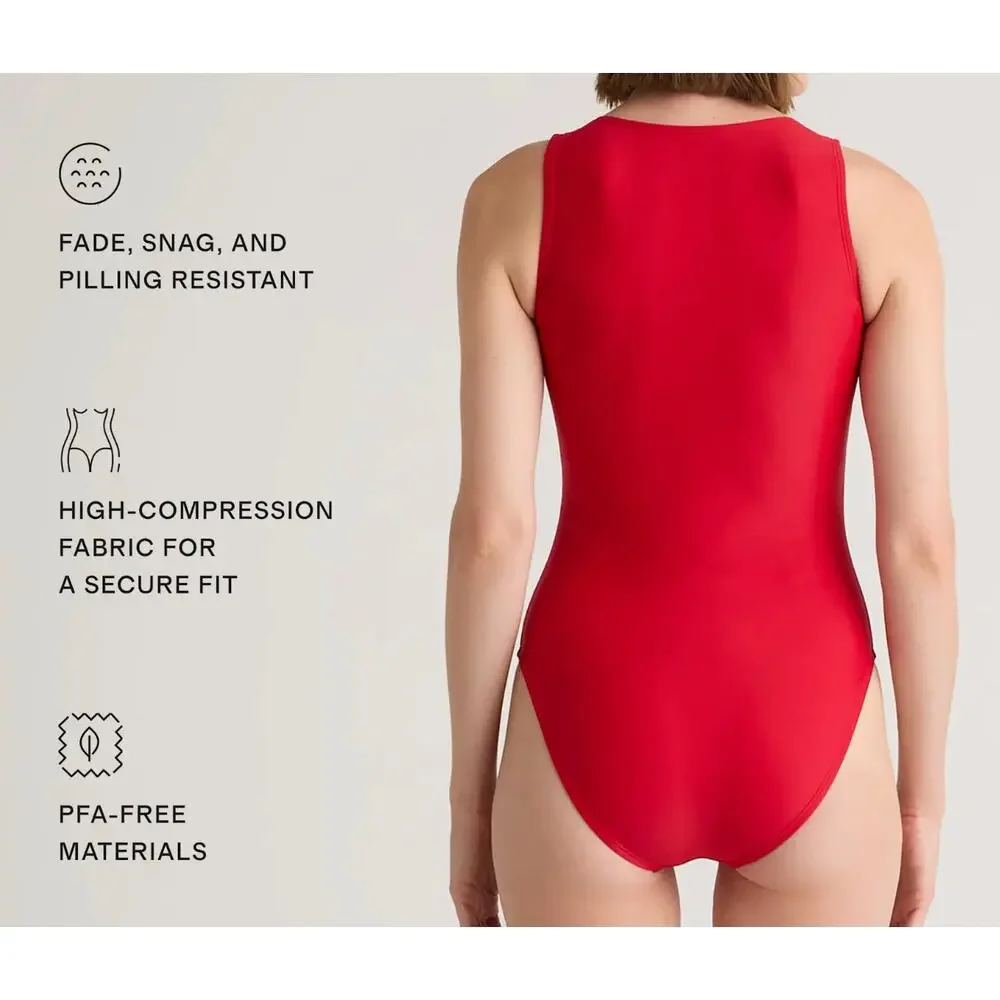 quince italian zip front one-piece swimsuit cherry red, women size medium